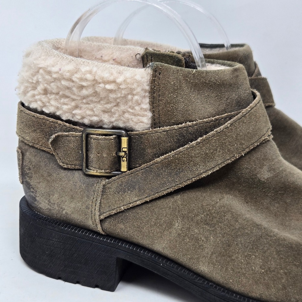 UGG Benson Olive Green Suede Shearling Buckle Ankle Boots 1095151 Womens 8.5 - Picture 2 of 11